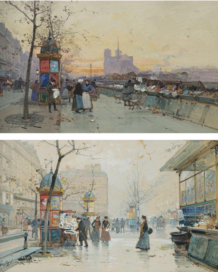 Vue De Notre Dame Quai De Montebello; Boulevard Des Capucines Kiosque À Journaux; A Pair By Eugene Galien Laloue - Image 5