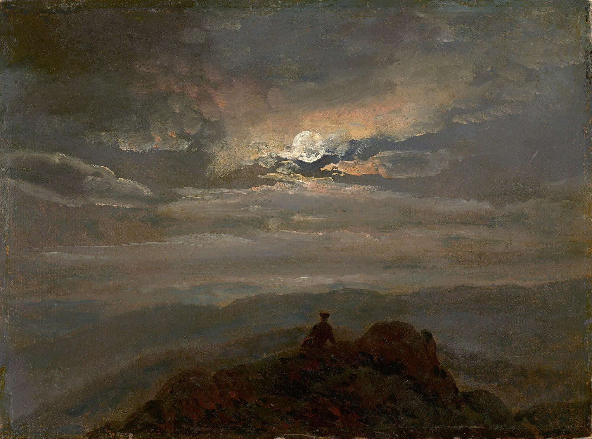 Wanderer On A Mountain Top Landscape In Moonlight by Johan Christian Dahl