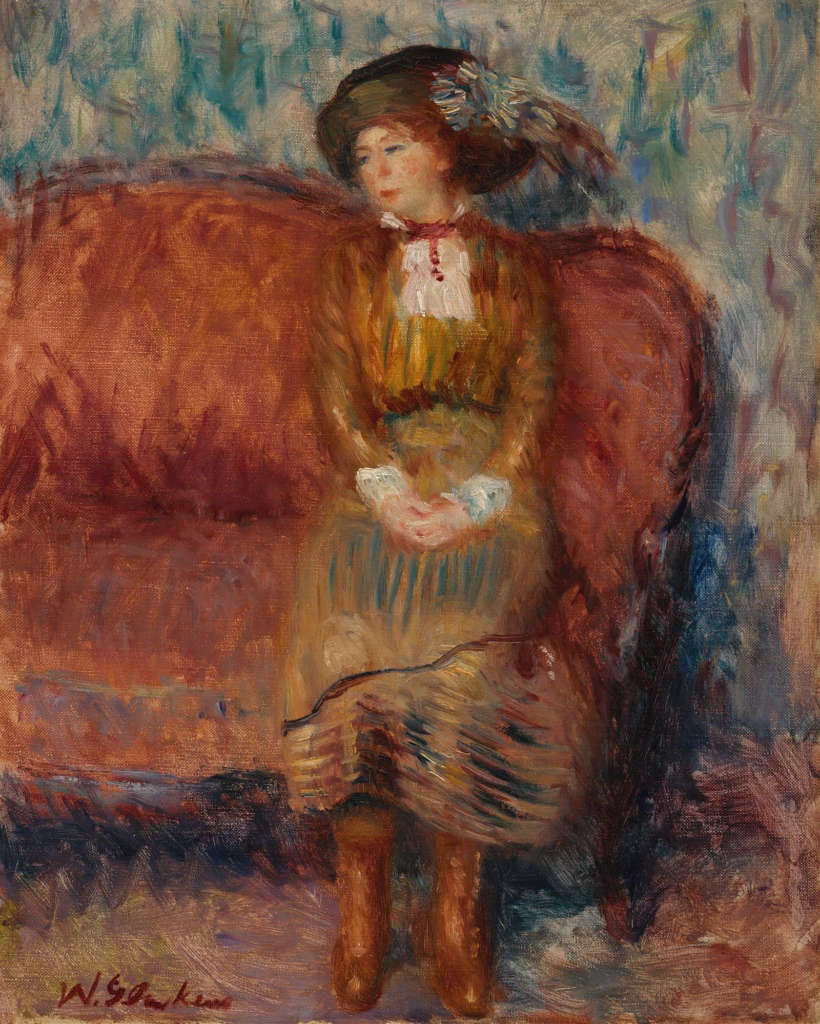 Woman Seated On Red Sofa by William James Glackens