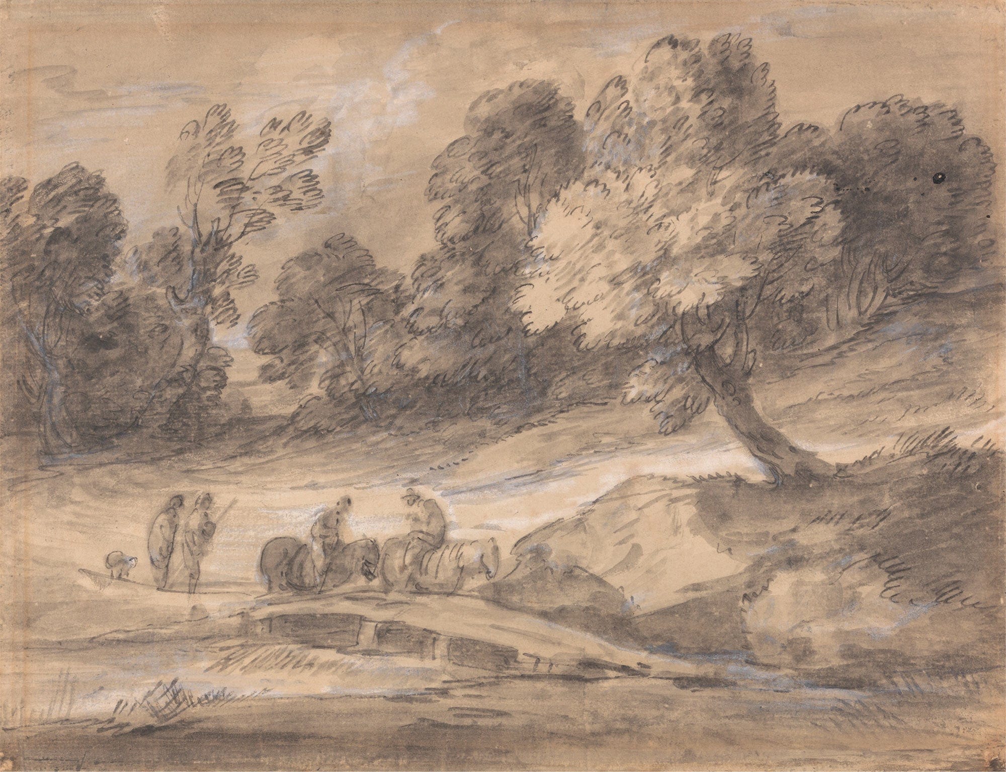 Wooded Landscape With Figures On Horseback Crossing A Bridge Between And by Thomas Gainsborough