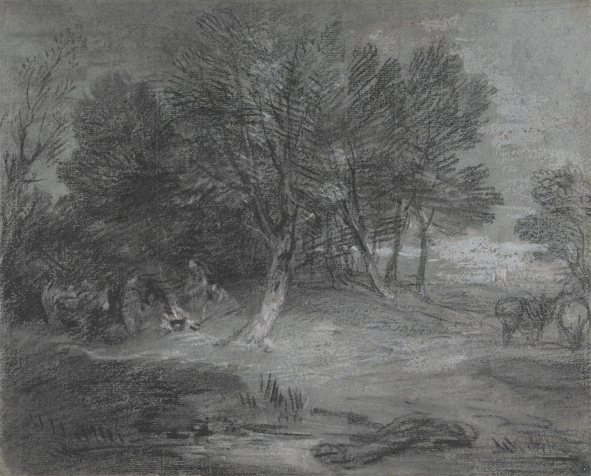 Wooded Landscape With Gypsy Encampment Between And by Thomas Gainsborough