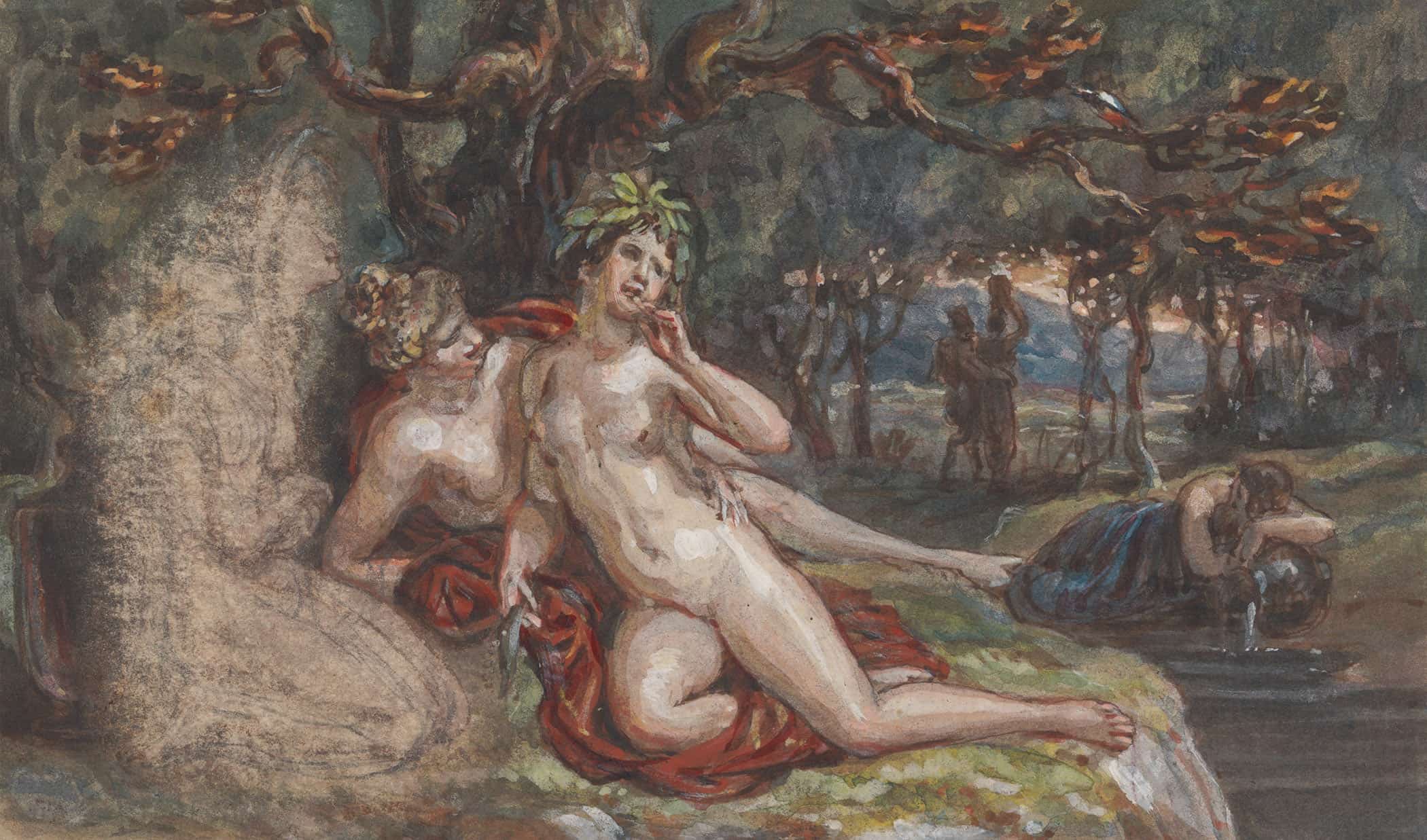 Wooded Scene With A Couple Laying Under A Tree By A Stream by Robert Smirke - Image 2
