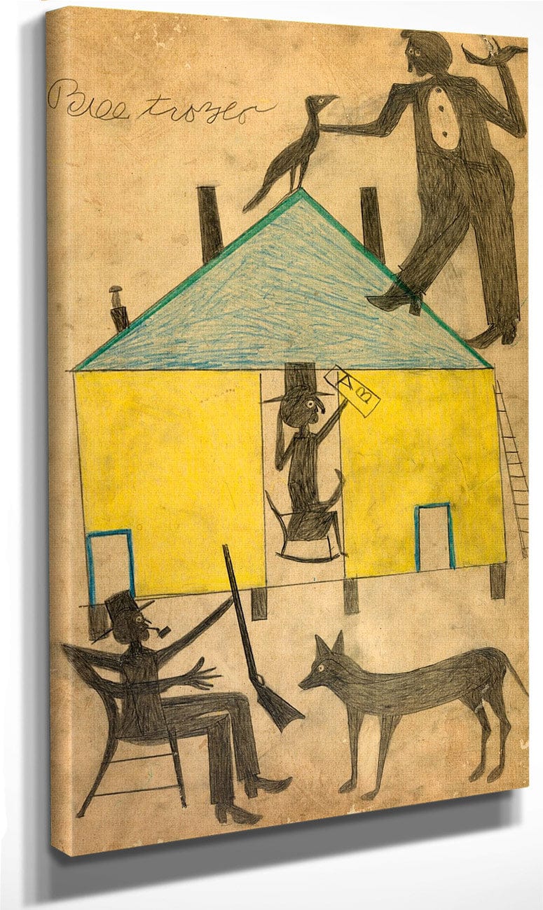 Yellow And Blue House With Figures And Dog By Bill Traylor