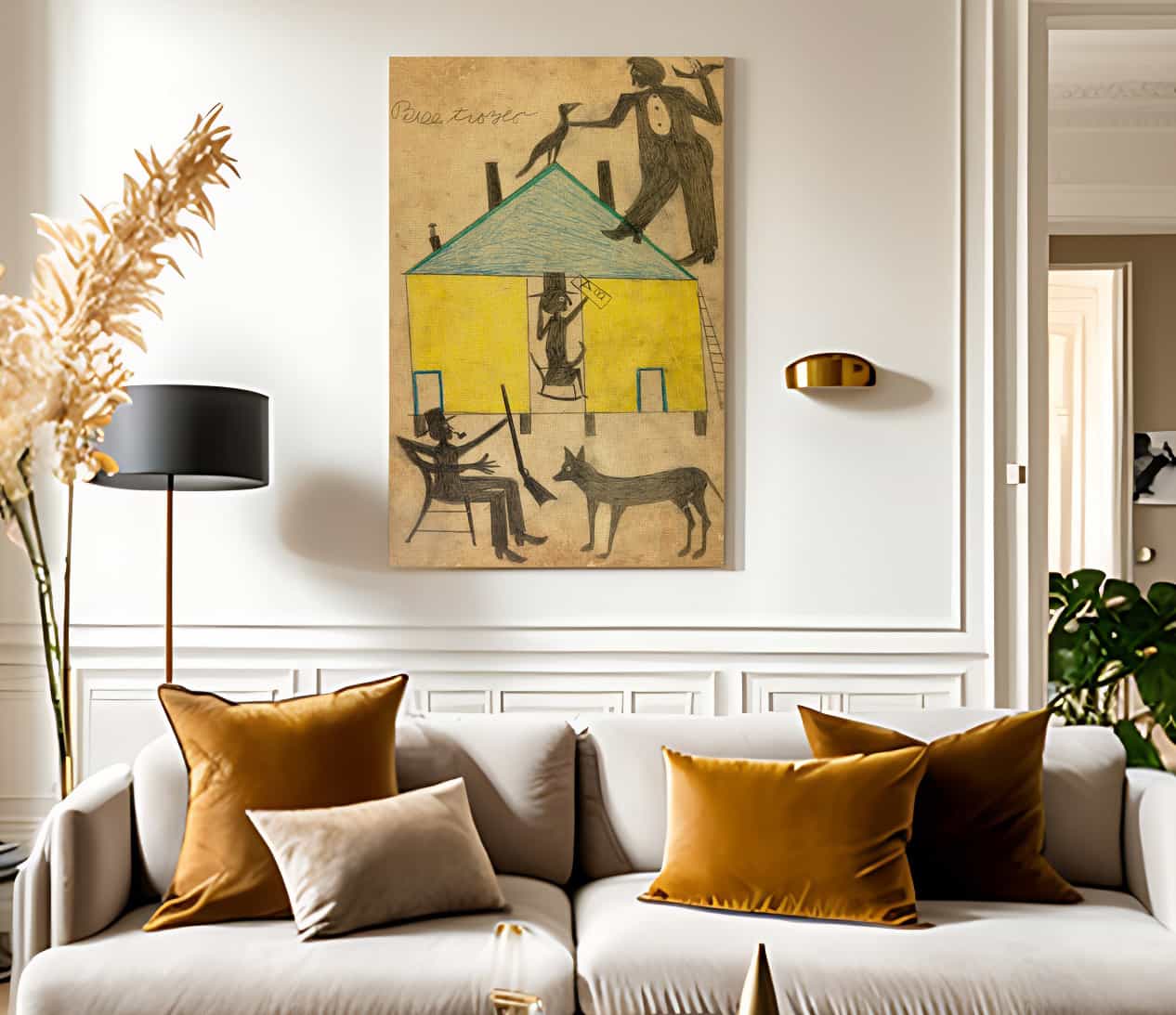 Yellow And Blue House With Figures And Dog By Bill Traylor - Image 2