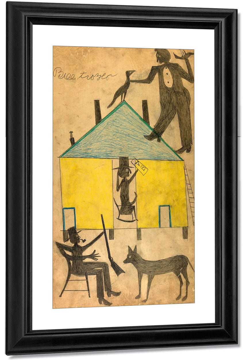 Yellow And Blue House With Figures And Dog By Bill Traylor - Image 3