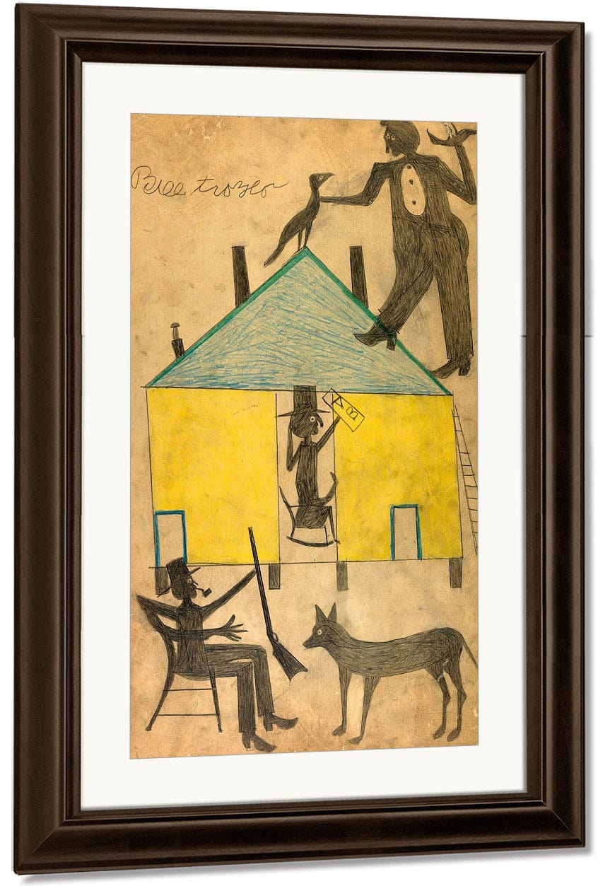 Yellow And Blue House With Figures And Dog By Bill Traylor - Image 4
