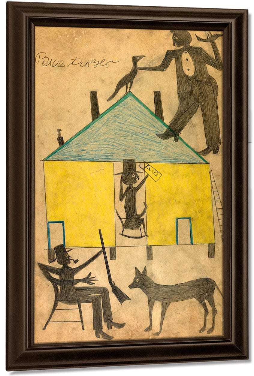 Yellow And Blue House With Figures And Dog By Bill Traylor - Image 5