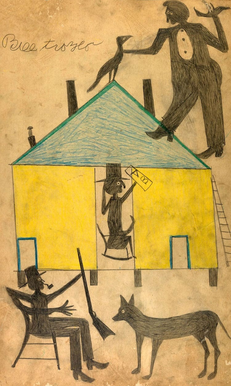 Yellow And Blue House With Figures And Dog By Bill Traylor - Image 6