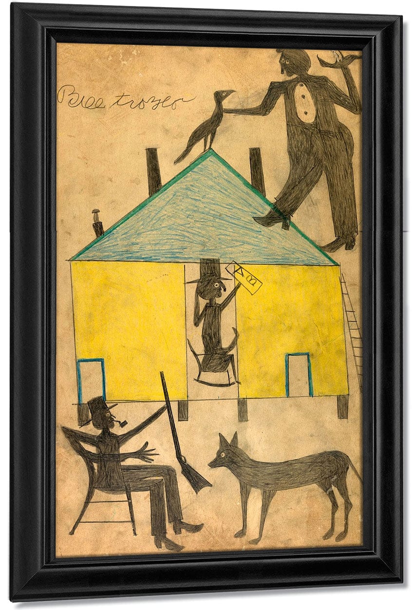 Yellow And Blue House With Figures And Dog By Bill Traylor - Image 7