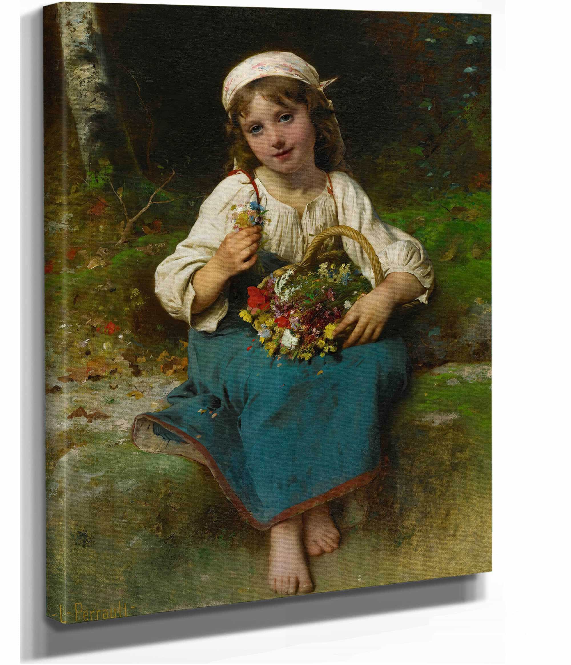 Young Girl With A Basket Of Flowers by Leon Jean Basile Perrault - Image 2