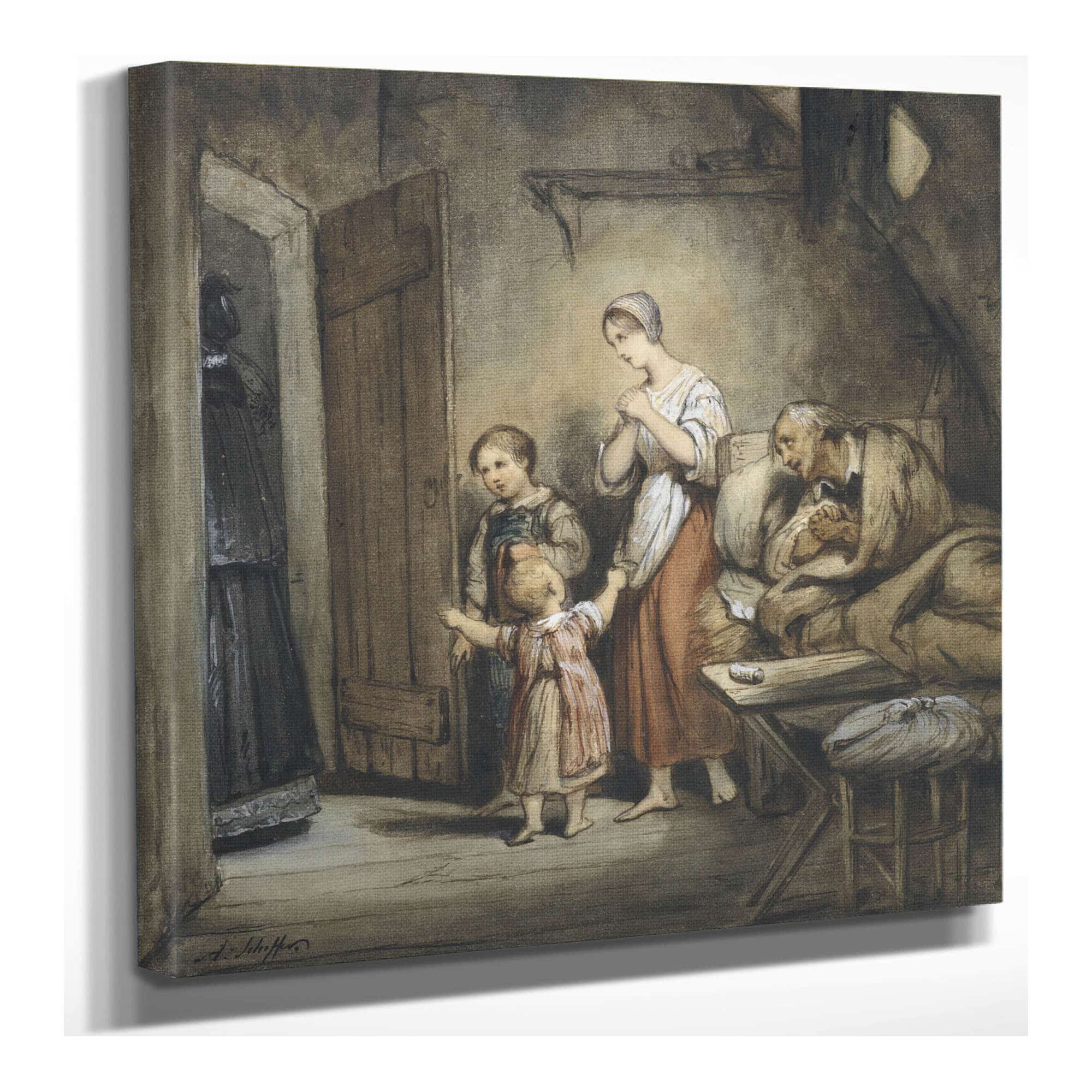 Zieke Man In Bed Met Naast Hem Een Vrouw En Twee Kinderen by Ary Scheffer